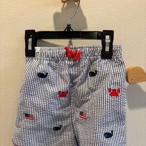 Mud Pie Blue & White Seersucker Shorts with Red Embroidered Crabs